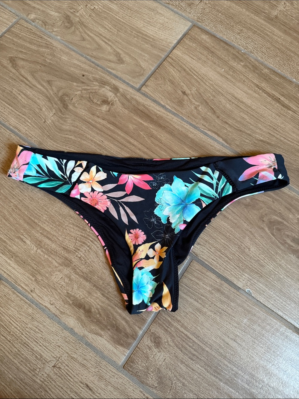 Rip Curl Black Floral Bikini Bottom with Turquoise & Pink Blooms